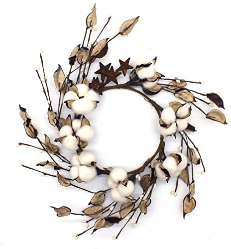 CVHOMEDECO. Primitives Rustic Pod Pip Berries and Autumn Leaves with Rusty Barn Stars Wreath, 14-Inch