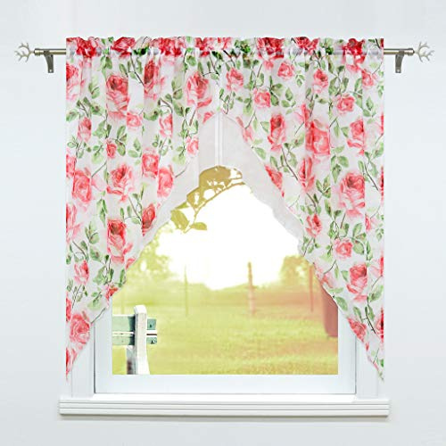SCHOAL Scheibengardine mit Tunnelzug 2 Stück Kleinfenster Gardinen Küche Set Bistrogardinen Voile Stores Fenstergardine Blumen Muster BxH 90x100cm
