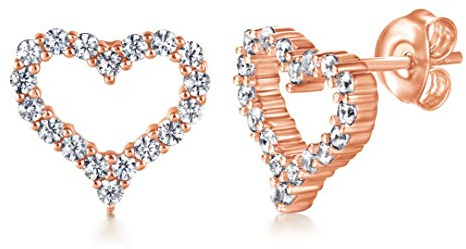 Orecchini a forma di cuore in argento Sterling 925 a forma di cuore per donne, ragazze e donne, con zirconi e Argento, colore: Oro rosa