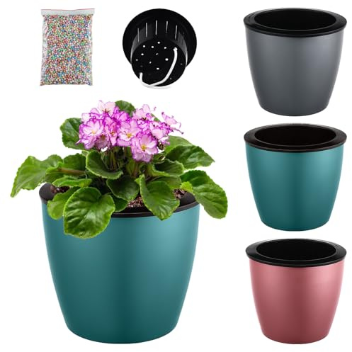 Planterhoma Lot de 3 pots de violette africaine auto-arrosants de 17 cm avec trous de drainage, pour orchidée, lierre du diable, argenté/bleu/or rose