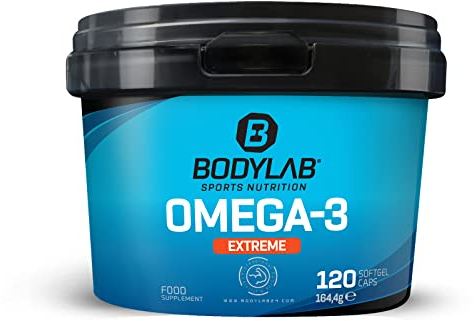 Bodylab24 Omega-3 Extreme Kapseln, liefert 1000mg Eicosapentaensäure (EPA) und 500mg Docosahexaensäure (DHA), mit wertvollen Fettsäuren als Triglyceride zur Anreicherung der täglichen Ernährung