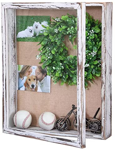 BECTSBEFF 40,6 x 50,8 cm großer Schattenbox-Rahmen mit Glas, aufklappbarer Tiefschattenbox mit magnetischer Tür für Blumenstrauß, Hochzeit, Medaillen, Jersey, Andenken und Baseball, rustikales Weiß