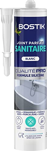 Bostik Mastic Silicone Etanchéité Sanitaire Joint Parfait – Traité Anti Moisissure – Facile à Lisser – Résiste aux Produits d'Entretien – Blanc – Cartouche de 280 ml