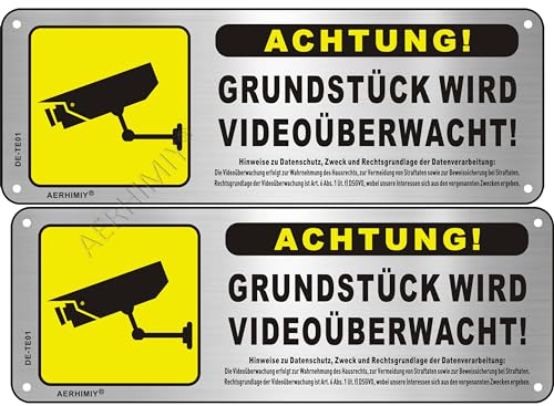 2 Stück ACHTUNG Grundstück Wird Videoüberwacht Schild Aluminium Gebürstet 25×9cm, Mit Selbstklebend und Bohrlöcher