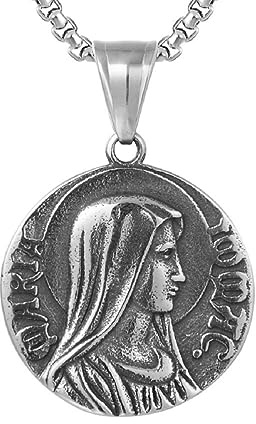 Collar de la Virgen María para hombre, collar de hip hop, Cristo María, religioso cristiano, con colgante de cabeza de Jesús con cadena de 23,6 pulgadas, acero inoxidable, punk rock católico, colgante