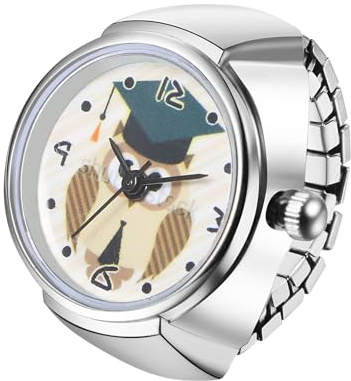 JewelryWe Ringuhr Fingeruhr Elastisch Eule - Damen Analog Quarz Fingerringuhr Ring Uhr Uhrenring mit Eule rundem Zifferblatt und Silber Legierung Elastisch Band