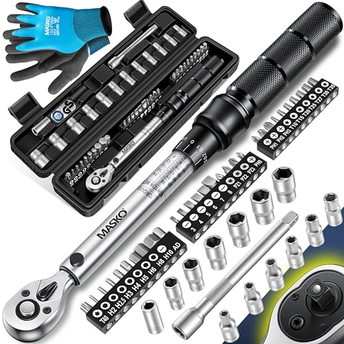 MASKO® Drehmomentschlüssel 45-tlg. Set Auto, Fahrrad & Motorrad 1/4 Zoll 5-25Nm inkl. Handschuhe, Magnetische Zündkerzenhülse Stecknüsse mit Verlängerungsstange 100mm +/- 4% Toleranz Reifenschlüsse