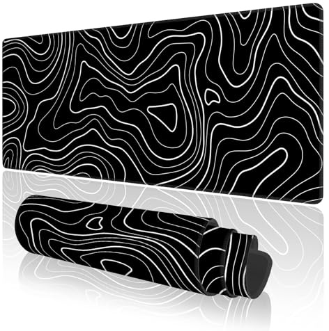 TOXXU Black Topographic Contour Large Gaming Mouse Pad with Anti-Slip Base for Keyboard, Map Extended XL Mousepad for Office and Room, Cool Desk Mat with Stitched Edges for Desk, 31.5 x 11.8 in