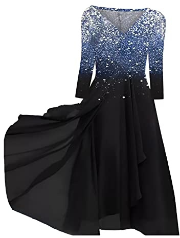 Partykleid Damen Glitzer Langarm A Linie Hochzeit Große Größen Festkleider Ballkleid Prinzessin Festlich Curvy Lang Abendkleider Midi Plus Size Elegant Paillettenkleid Glitzerkleid