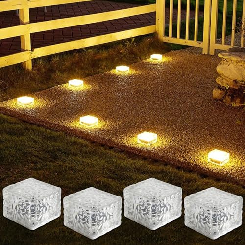 Juego de 4 adoquines de cristal solar, lámpara exterior, resistente al agua, luces solares LED para exteriores, adoquines, iluminación de camino, luces decorativas para jardín, terraza, pasos,