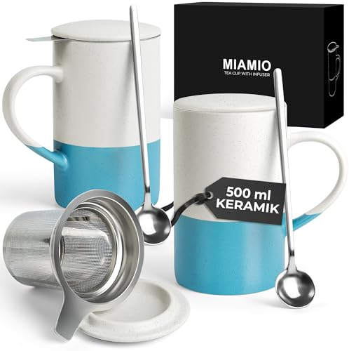 MIAMIO - Juego de tazas de té 2 x 500 ml con infusor y tapa/Taza de té de cerámica con infusor y cuchara para remojar té de hojas sueltas - Apto para microondas y lav (Azul)