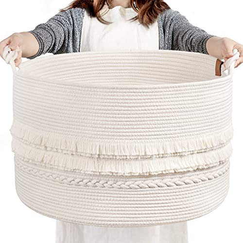 Extra Large Laundry Basket, Woven Washing Basket, Basket for Toy Storage, Towel Storage, Rope Storage Basket for Bedroom, Living room, Big Blanket Basket, White, 55 x 35 cm