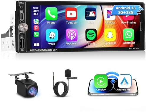 Inefala Android 15 CarPlay sans Fil Autoradio 1 DIN Écran 2G+32G, 6,9 Pouces Poste Radio avec Lien Miroir Bluetooth FM/RDS GPS AUX USB Type-C WiFi AHD Caméra de Recul