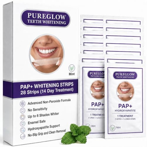 PureGlow 28 Teeth Whitening Strips, No Sensitivity & Non-Slip | - 14 Enamel-Safe Treatments, PAP+ Hydroxyapatite Formula, Up to 6 Shades Whiter, Clean Removal, No Residue, Non-Peroxide