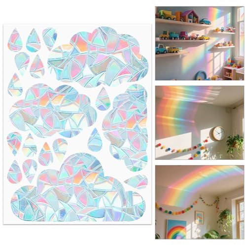 VinBee Prisma Fensteraufkleber 19 Stück Regentropfen Weiße Wolken Rainbow Suncatcher Sticker Vogelschutz Regenbogen Folie Fenster - Sonnenfänger Sticker-Sonnenfänger Fenster Fensteraufkleber Frühling