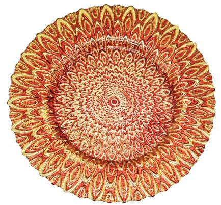 Sottopiatto in vetro rosso con design di pavone, 33 cm, rotondo, per matrimoni, decorazioni, feste, eventi speciali, anniversari, compleanni, catering e stoviglie, 1 pezzo
