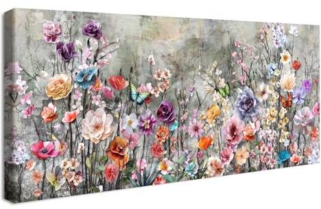 Mit Rahmen Groß Leinwand Bilder Vintage Bunte Hundert Blumen Leinwandbilder Bild auf Leinwand Malerei Eustoma Pfingstrose Schmetterlinge Bild Wandbilder Wohnzimmer Schlafzimmer Wanddekoration 50x120cm