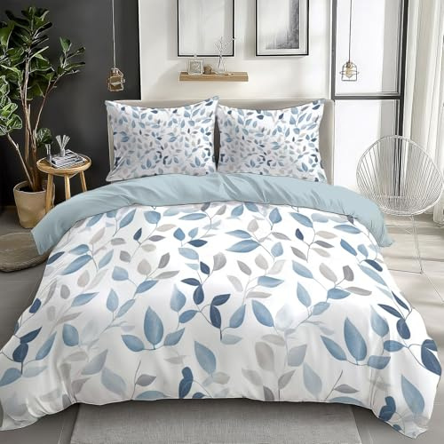 Parure de lit pour Enfant 240x260 cm Feuilles Bleues Housse de Couette Polycoton Ensemble de Literie Linge de Lit avec Taies d'oreiller, pour Décoration Chambre à Coucher