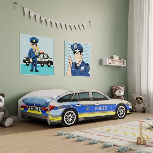 Kids Collective Autobett Kinderbett Jugendbett 70x140 & 80x160 cm mit Rausfallschutz & Matratze | 70x140 cm Polizei Polizeiauto Polizist Kinder Spielbett