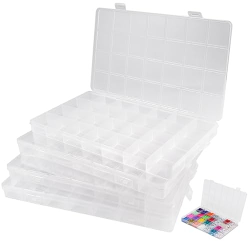Lytonix 4 Pezzi Scatola con 28 Scomparti, Scatola Scomparto Trasparente con Coperchio, Cassettiera Porta Minuteria per Stoccaggio, Assortimento e Organizzazione di Piccoli Oggetti, Gioielli, Perline
