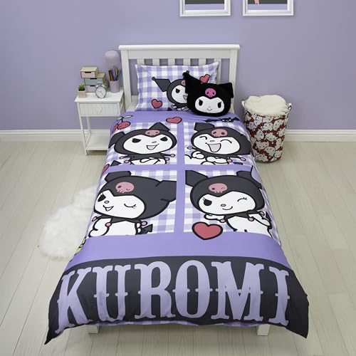 Parure de lit Simple Hello Kitty, Motif Rebelle, sous Licence Officielle | Parure de lit réversible Kuromi Double Face avec taie d'oreiller Assortie | Idéale pour Une Chambre d'enfant | Polycoton
