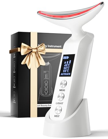 Facial Neck Massager Portable Charging Dock - 3 Heat Settings, Vibrating Face Massage, 9-Color LED Light & 72Hrs Battery | Home Spa Travel Skincare - White