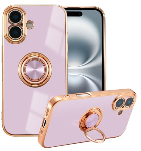 EYZUTAK Electroplated Magnetic Ring Holder Case for iPhone 17, 360 Degree Rotation Metal Anti-fall Finger Ring Kickstand Magnet Car Holder Slim Soft Silicone Shockproof Cover - Light Purple