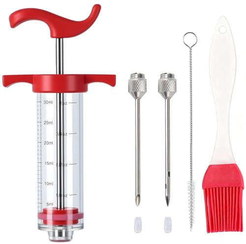 Plastic Meat Injector Syringe, Turkey Injection Kit with 2 Stainless Steel Needles for Injecting Marinade into Turkey Chicken Meat Brisket Pork, Ideal for Smoking BBQ Grill, Red 1oz