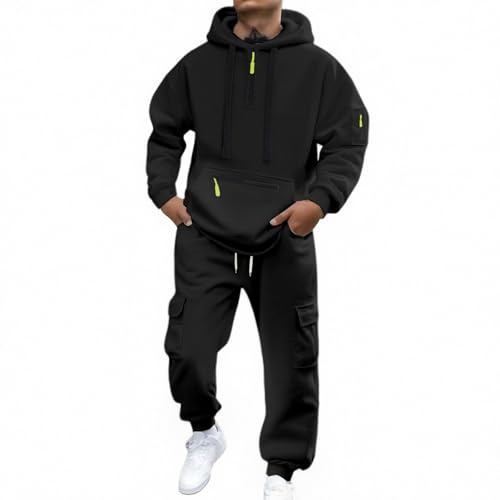 Generisch Set Tuta da Uomo in Pile per Allenamento per l'Inverno, Casual, con Cerniera, Tasca, Pantaloni Cargo, Outfit, Comodo, Caldo, Tuta da Ginnastica, Nero , 3XL