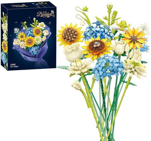 TOFFCAEA Botanische Blumenstrauß, 1124 PCS Blumengesteck Bausteine mit Rosen, Sonnenblumen, Hortensien, Kreatives Bauset für Erwachsene, Geschenk für Partner, Freundin oder Freund