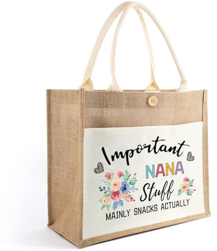 Tarklanda Important Nana Stuff Jute Tote Bag, Funny Nana Shoulder Bag, Grandmother Reusable Shopper Bag, Nanny Gift, Grandma Gift, Ideal present for Mother’s Day, Birthdays, Chrismas, Nana's Day