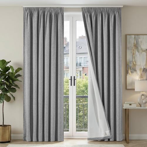 TOPICK 100% Verdunklungsvorhänge Gardinen Vorhänge Grau H245xB140 2 Stücke | Blickdicht Gardinen mit Kräuselband Schlafzimmer Thermovorhang Wohnzimmer Leinenoptik Vorhänge für schienensystem