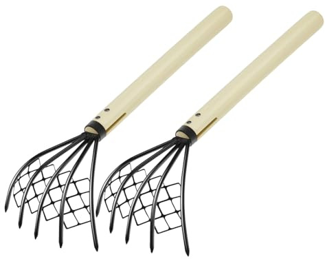 Lurrose 2 pezzi Rastrello Denti in Ferro con Manico in Legno per Spiaggia e Frutti di Mare Strumento Ergonomico per Scavo di Vongole Telline e Gusci da Multiuso per Giardinaggio e Caccia