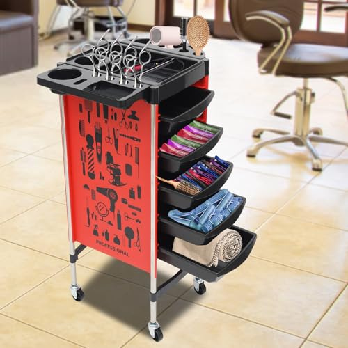 DSYOGX 6 Tiers Beauty Trolley, Multifunctional Hairdresser Trolley with 5 Drawers, Beauty Salons Cart on Wheels Made of PP, for Beauty Salons, Barber Stores, Red, 100kg Load-bearing Capacity