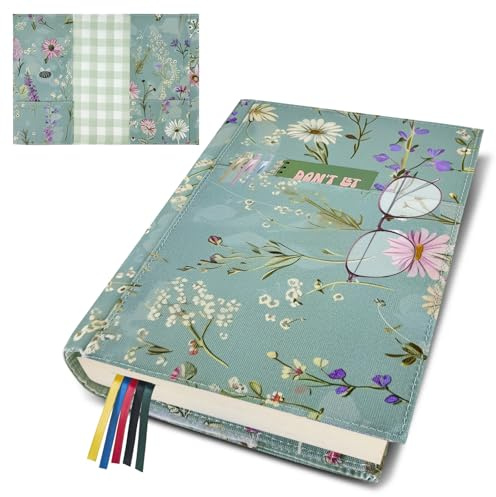 bolimoss Housse de livre à motif floral avec poche avant, protecteur de livre réutilisable et lavable avec marque-page pour romans de poche, couverture réglable en tissu pour femmes, enseignantes