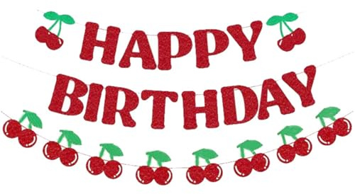 Qury Cartel de feliz cumpleaños con cerezas, letrero de papel brillante para decoraciones de fiesta de cumpleaños. Primera pancarta con temática de cerezas para una niña