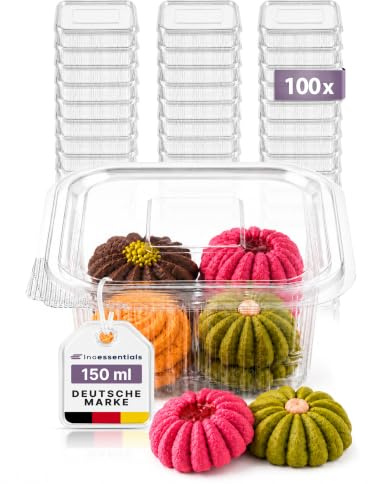 Inoverse Feinkostbecher mit Deckel 150 ml 100 Stück, Rechteckbecher aus PET | Einwegboxen, transparent, Portionsbecher, Plastikbehälter, für Dips, Proben und kleine Portionen, für Küche und Gastronomie