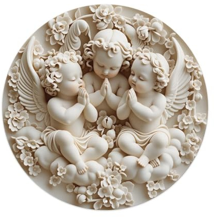 Decorazione da parete in metallo, stile vintage, rotonda, con angelo e cherubino floreale, decorazione da parete in metallo, per casa, bar, garage, fattoria, caffetteria, 20 x 20 cm