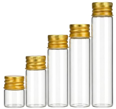 HMETOL 5Pcs Assorted Mini Glass Bottles with Cork Stoppers Test Tube Vials | For spices, crafts, DIY. Airtight seal. Sturdy borosilicate. Gold Screw Cap 2.5cm x2.5cm x 10cm