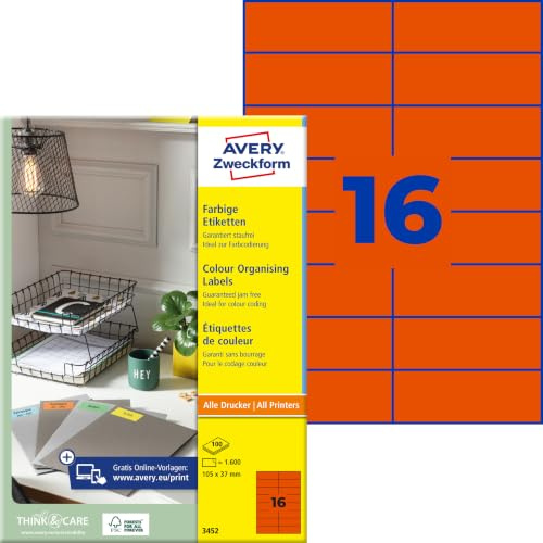 AVERY Zweckform 3452 Rote Etiketten (1.600 Aufkleber, 105x37mm auf A4, permanent haftend, selbstklebende Farbetiketten, Papier matt, bedruckbare, farbige Klebeetiketten) 100 Blatt