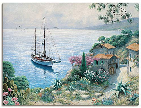 ARTLAND Wanddeko Leinwand Bilder Wandbild Meer Küste Bucht Toskana Italien Boot Malerei Kunst K8PH