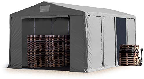 TOOLPORT Tente de Stockage 8x8 m à 4 mètres de Hauteur de côté avec bâches en PVC 850 N Gris, 100% imperméable avec Porte zippée