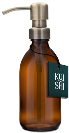Kuishi Botella de vidrio ámbar con bomba de acero inoxidable [250ml, bomba dorada], ámbar Botellas de vidrio marrón recargables Ideal para lavado a mano, champú, acondicionador, gel de ducha (sin BPA)