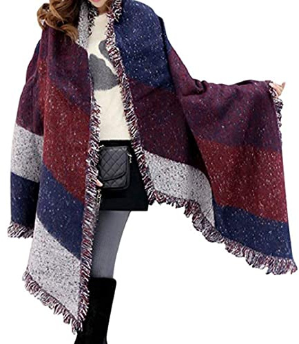 Miss Lulu Echarpes Femme, Châle Écharpe Chaud pour Hiver Écossaise en Laine, Cadeau de Noël pour Femme, Foulard Tartan Long avec Pompons (Rouge)