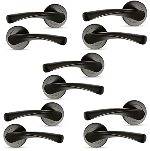 HANDLESTORE Twist Lever on Rose Door Handles – 5 Pack, Matt Black Finish, Pairs with Spindles & Fixings