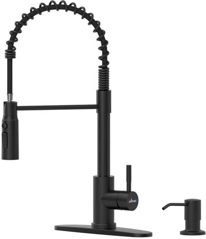 APPASO Black Kitchen Faucet with Pull Down Sprayer, Tall Commercial Spring Kitchen Sink Faucet with Soap Dispenser, Single Handle High Arc Stainless Steel Faucets for Home RV Utility Sink, Matte Black