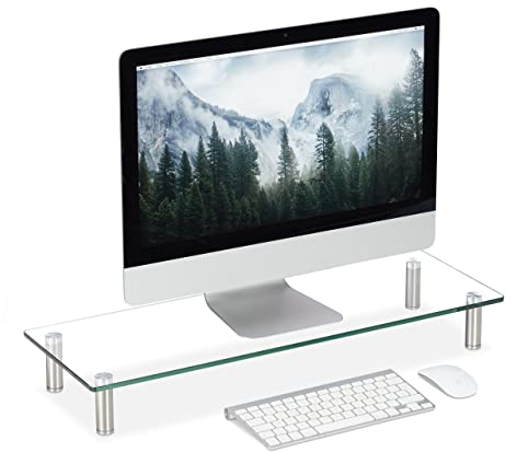 Relaxdays Supporto Monitor, Alzatina per TV, Standing Computer Desk, Rialzo Scrivania, Regolabile, 70x24 cm, trasparente