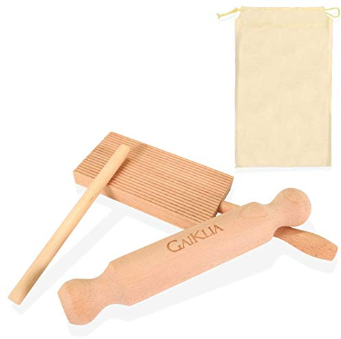 Gaiklia Gnocchi Board with Paddle - Authentic European Beechwood Garganelli Homemade Pasta Stripper - Complete with Penne Rolling Dowel Pin