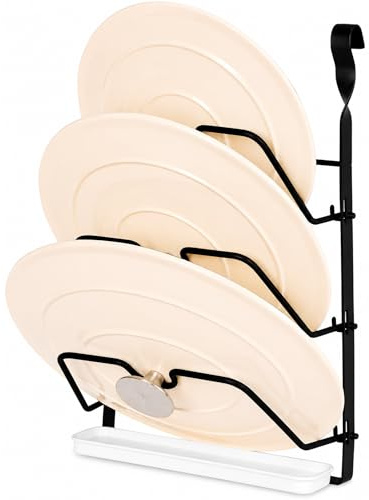 LIVIVO Saucepan Lid Holder Rack – Wall Mounted 3-Tier Steel Pan Lid Organiser for Kitchen Storage – Holds Lids, Chopping Boards, Trays – Space Saving Wall Shelf (Black)
