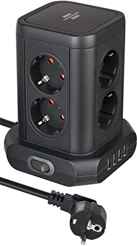 Brennenstuhl Steckdosenturm 8-Fach mit USB (Steckdosenblock 8-Fach mit 4X USB, Steckdosen in 45°-Anordnung, 2m Kabel) schwarz